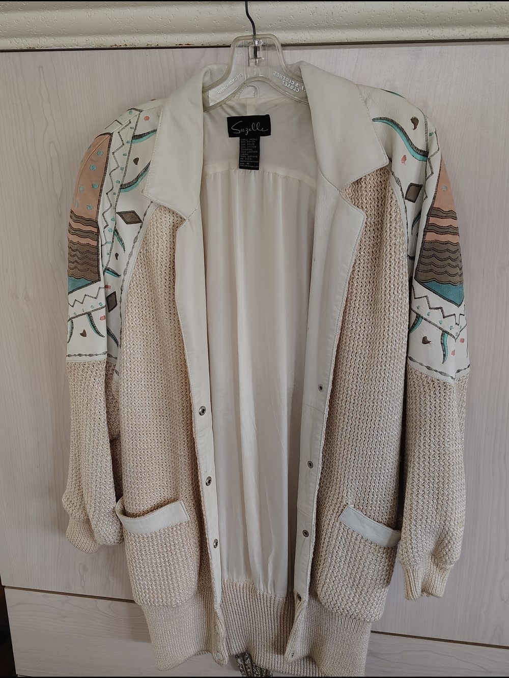 Suzelle Cream Knit Cardigan with Multicolor Embroidered Leather Sleeves/Collar